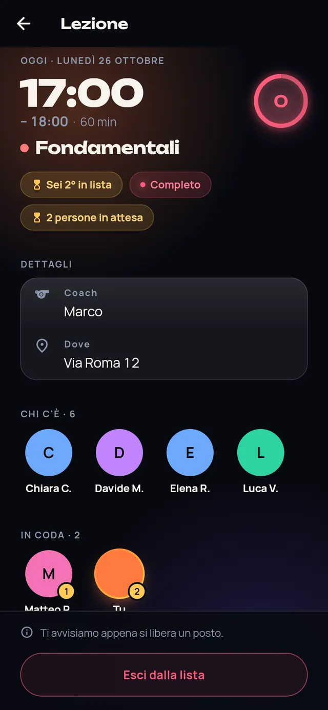 Lezione completa con il cliente in lista d'attesa