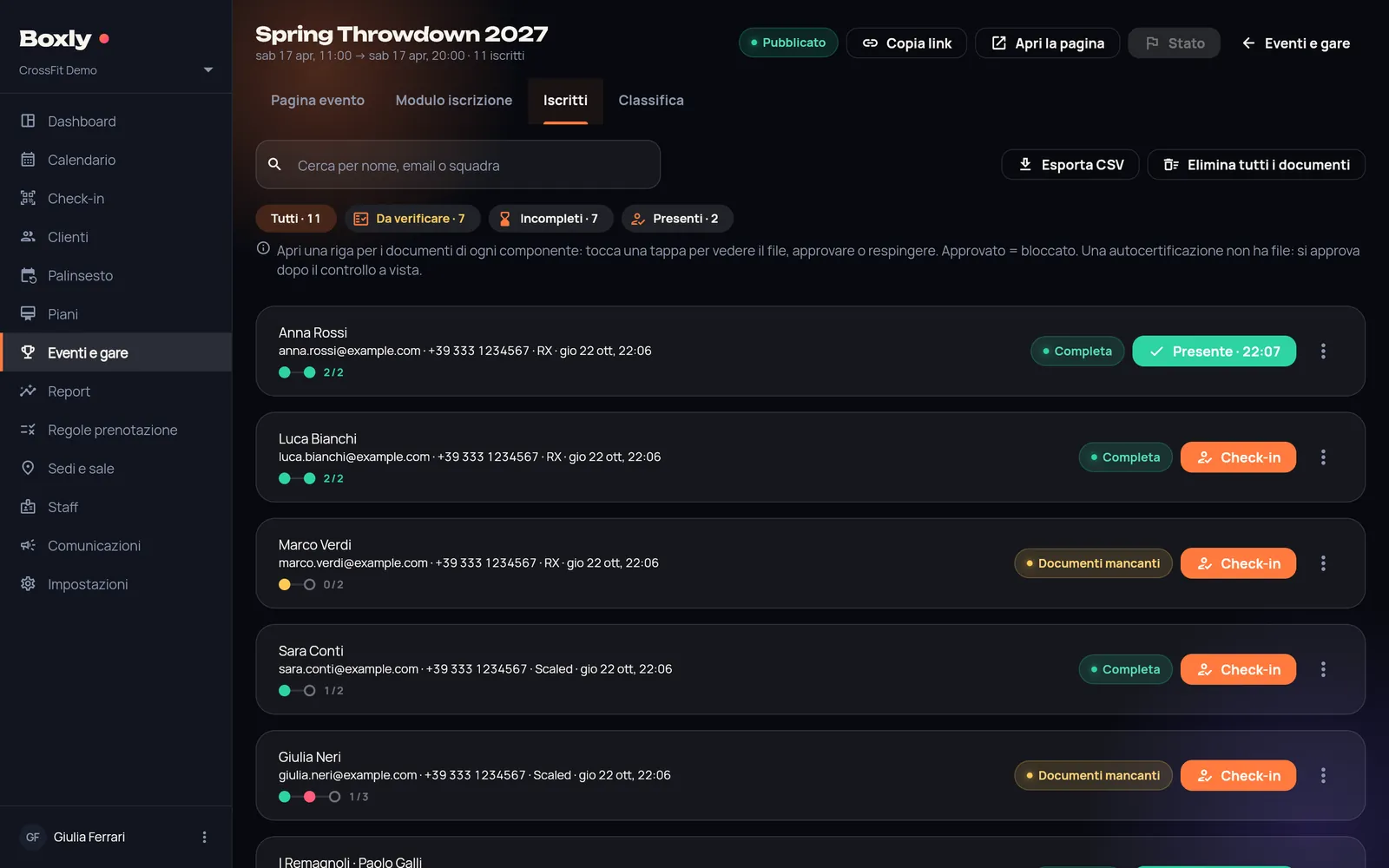Iscritti alla gara con stato dei documenti e check-in